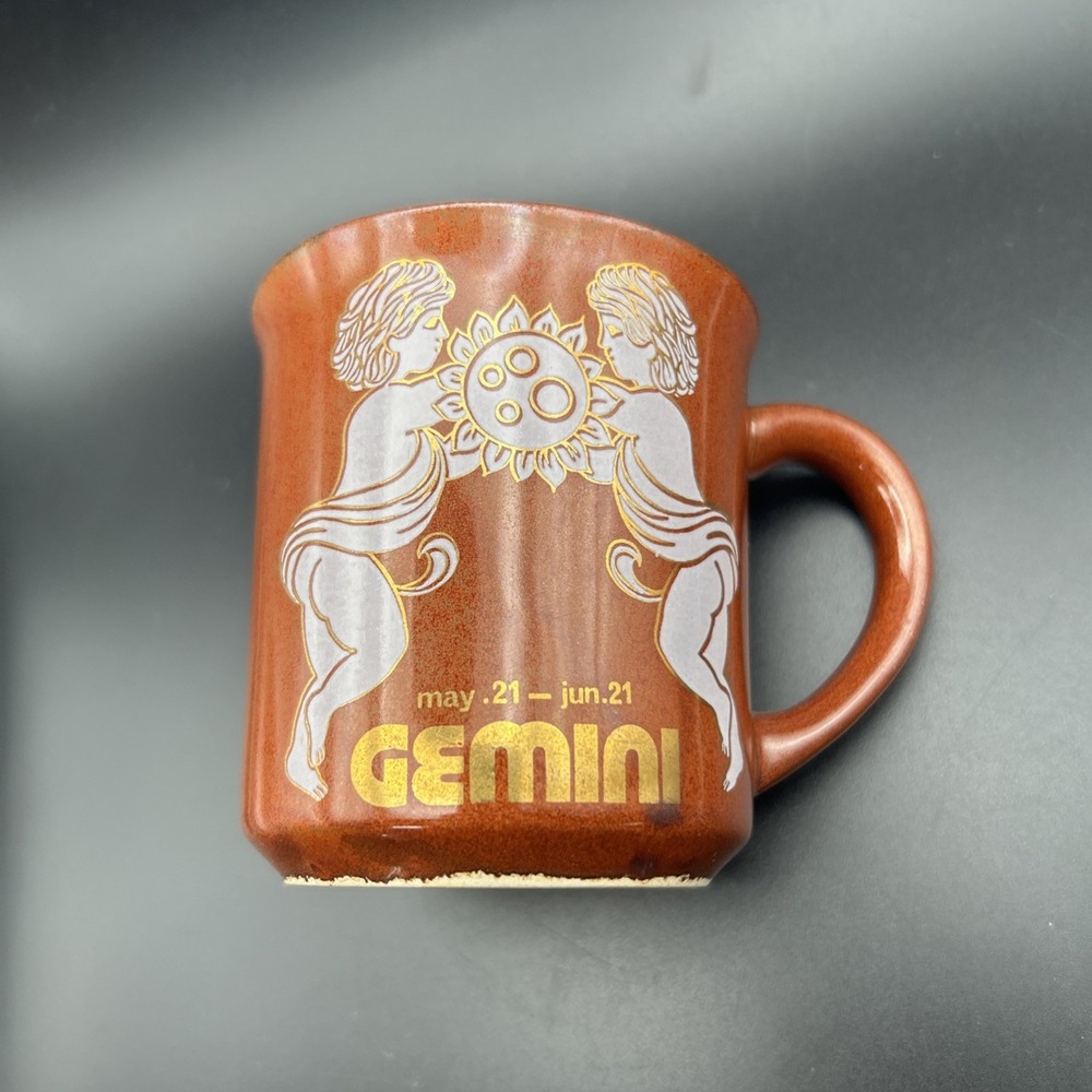 Vintage Gemini Astrology Japan Coffee Cup Mug Retro Burnt Orange Boho MCM
